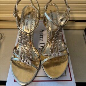 Gold strappy heels with rhinestone chain detailing